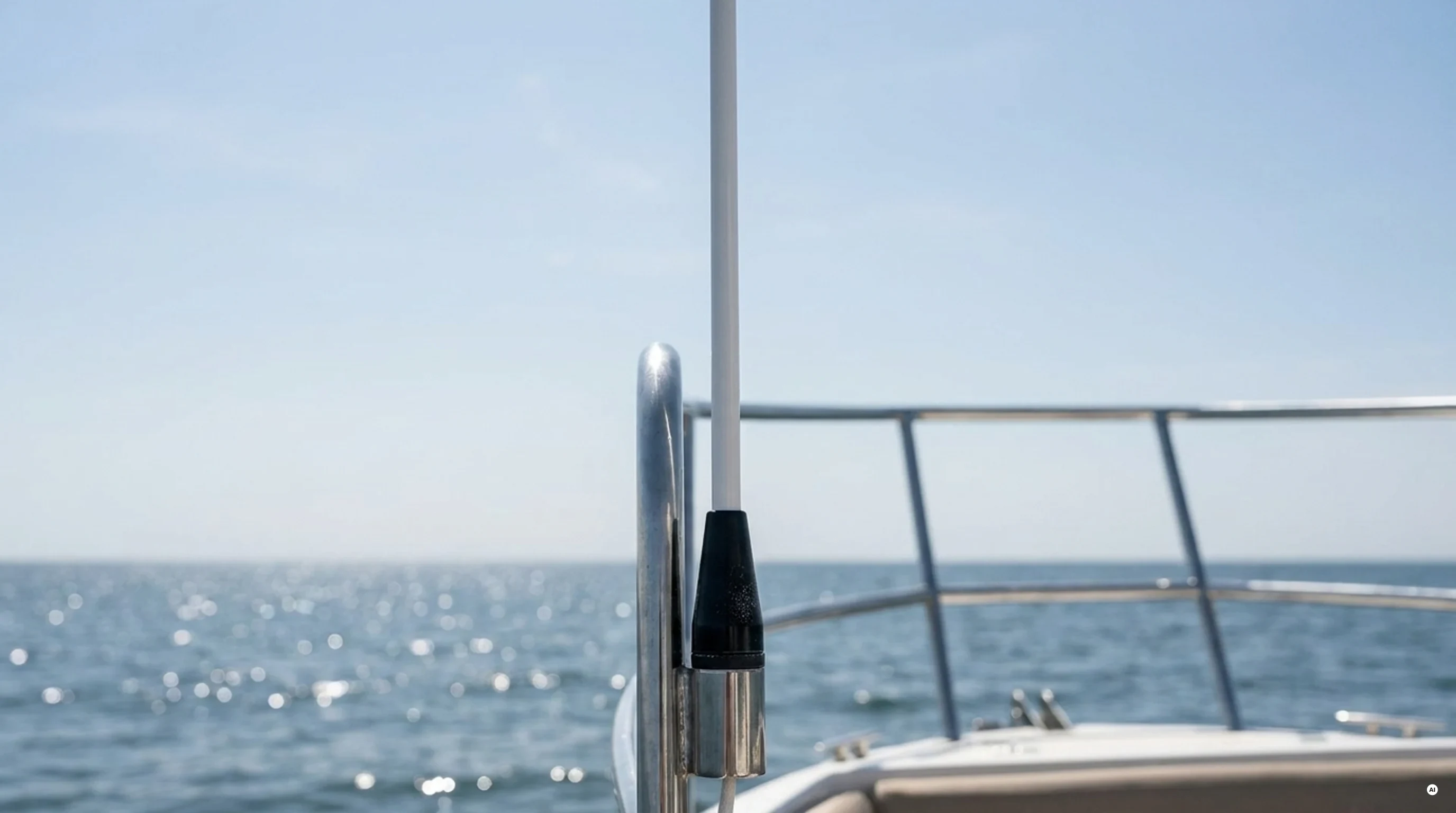 Antenna VHF Glomex in vetroresina bianca montata su base a poppa di una barca