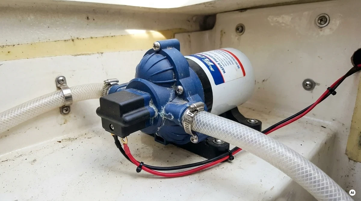 Pompa autoclave 12V montata nel gavone di una barca, collegata all'impianto acqua dolce