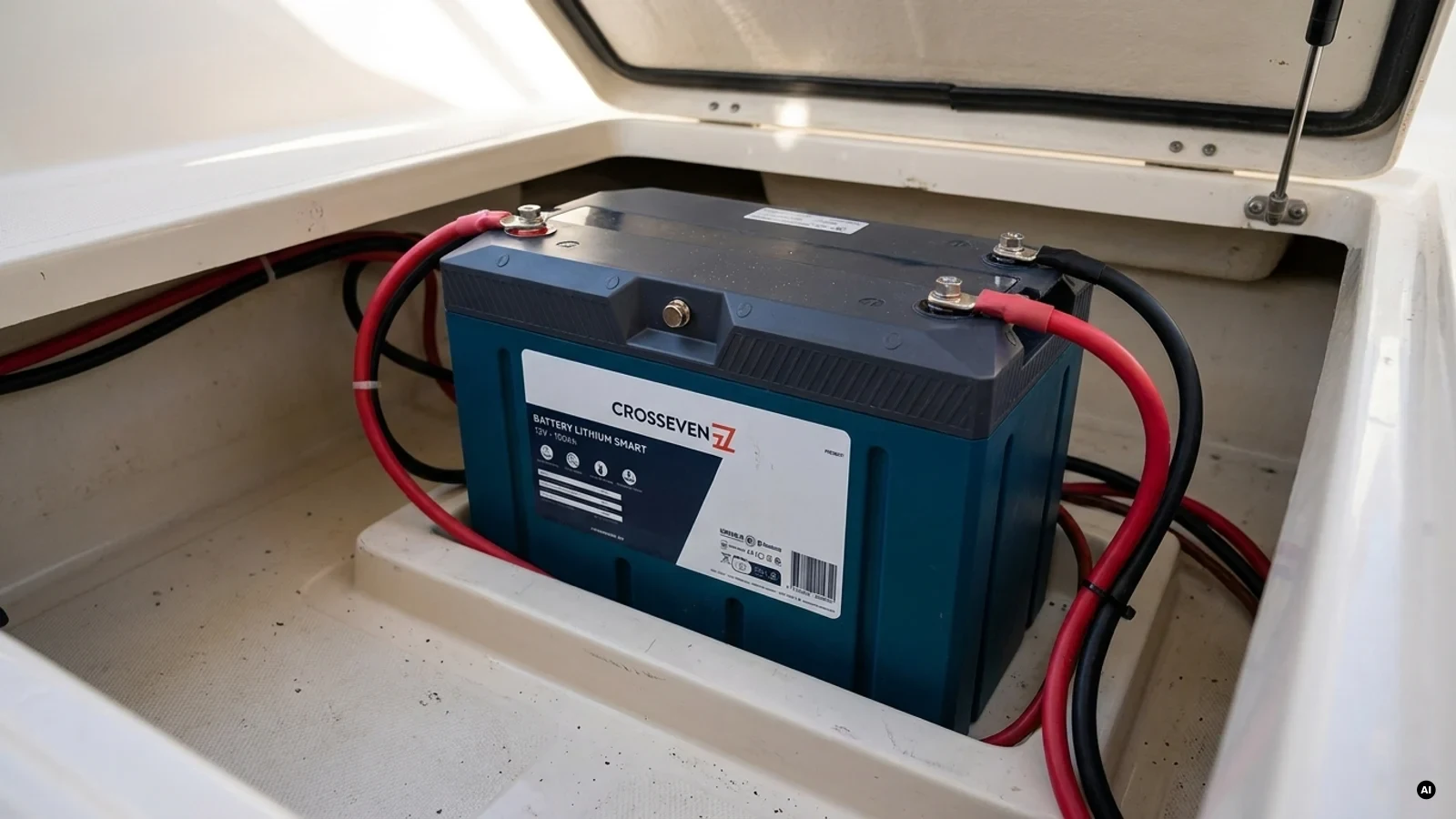 Batteria al litio LiFePO4 12V per servizi di bordo installata nel gavone batterie di una barca, con cavi rosso e nero collegati ai poli