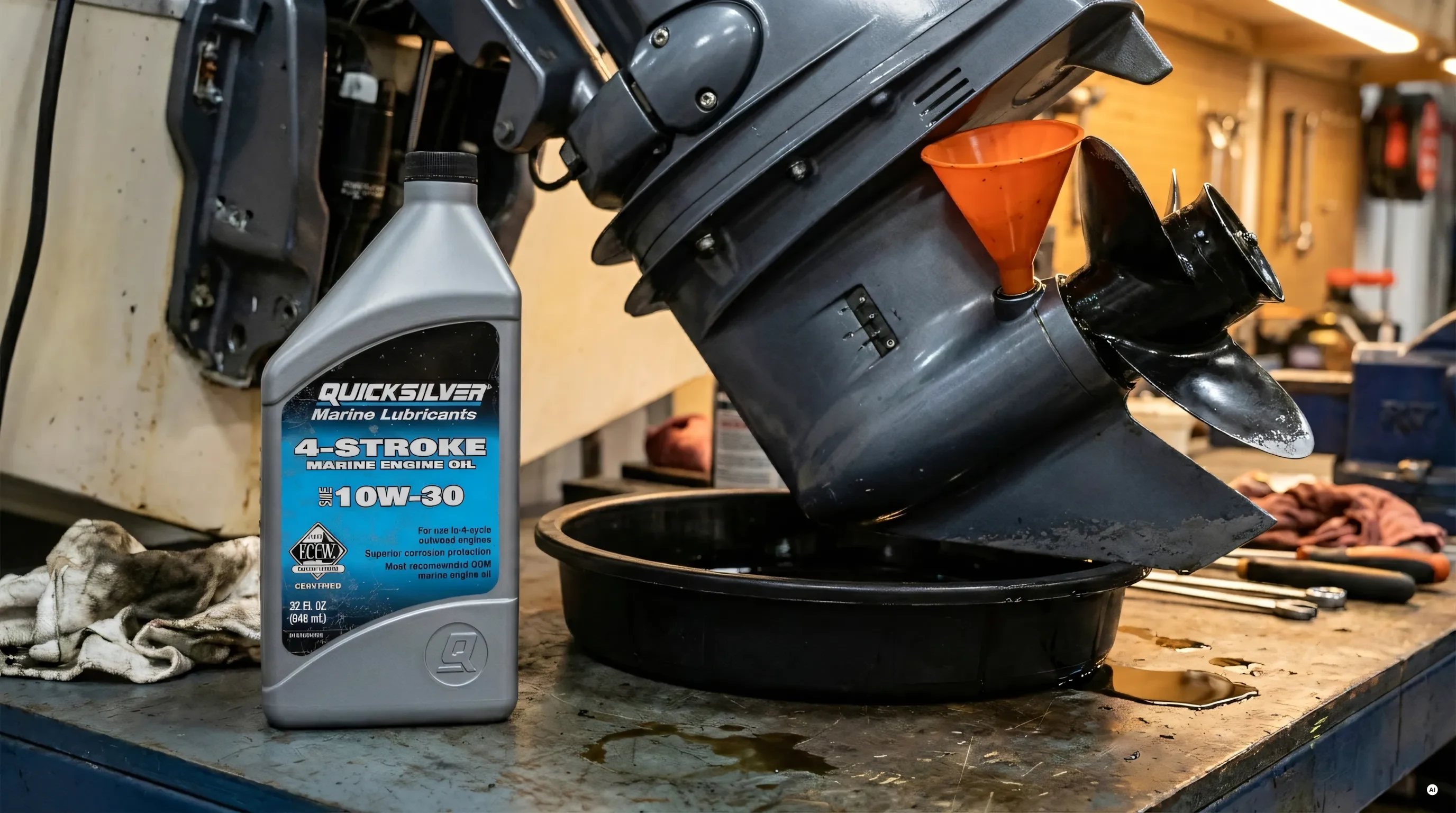Tanica di olio Quicksilver per fuoribordo durante il cambio olio
