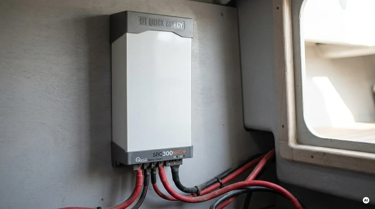 Caricabatterie multi-uscita montato a parete nel gavone tecnico di una barca, collegato alle batterie di servizio