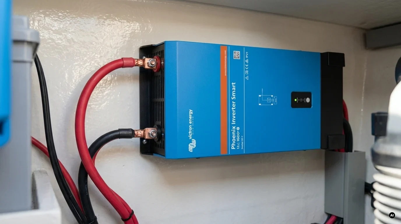 Inverter a onda pura montato a bordo con cavi rossi e neri collegati alla batteria