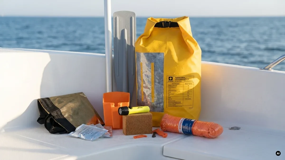 Valigetta di sicurezza e kit di sopravvivenza per la navigazione entro 12 miglia aperti sulla coperta di una barca, con segnali e dotazioni omologate