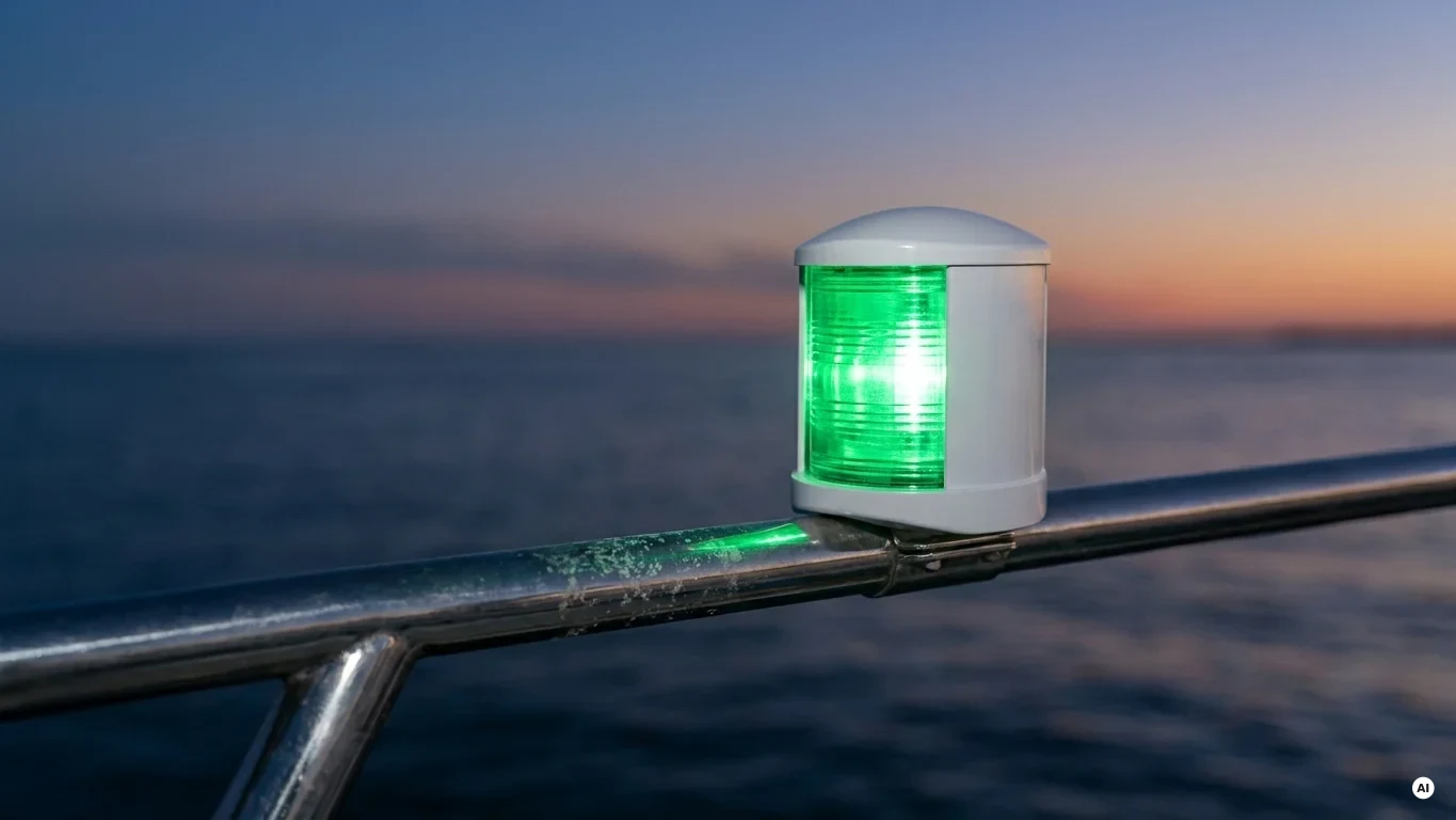 Fanali di via a LED accesi sulla battagliola di una barca da diporto al crepuscolo