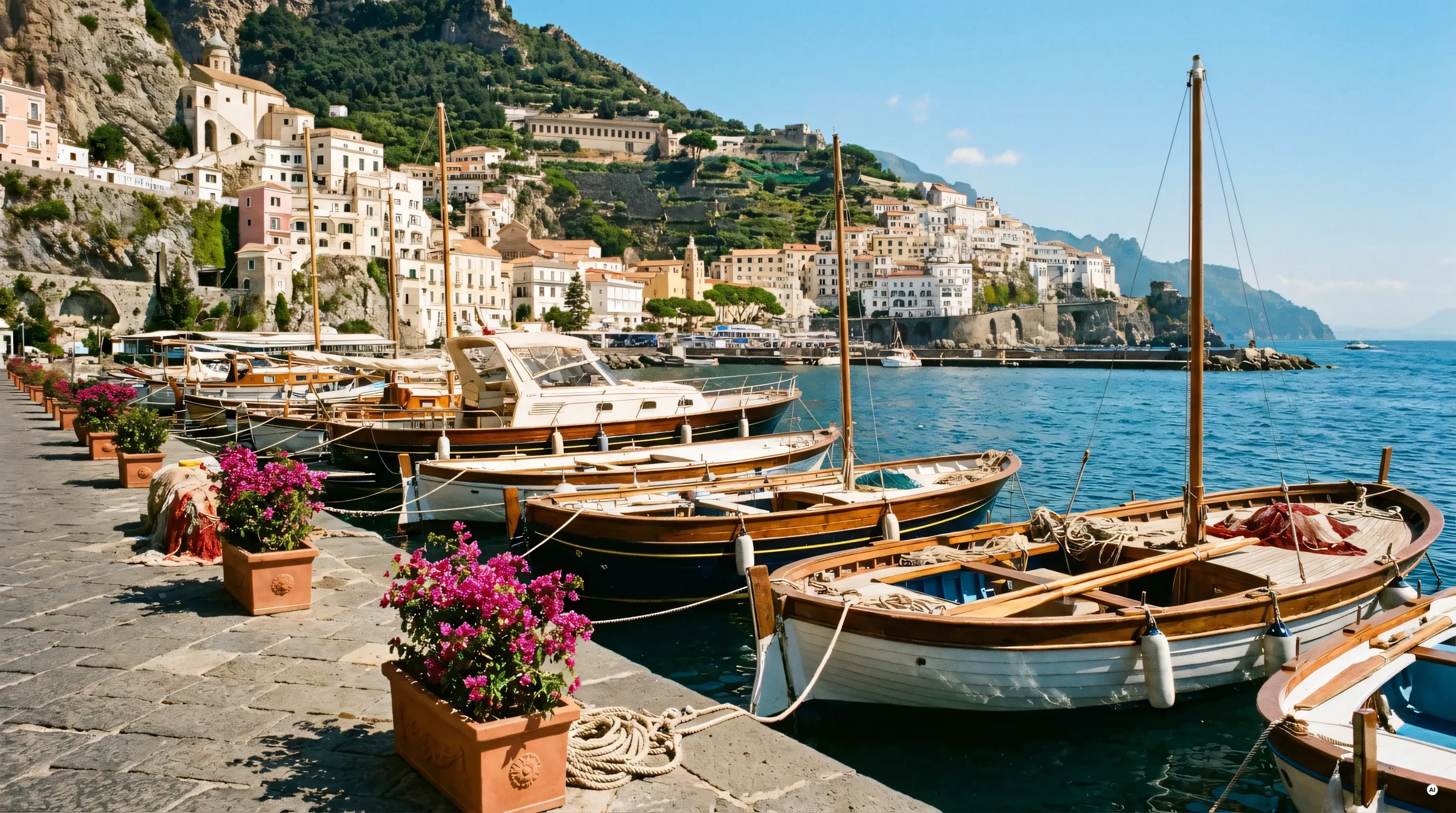 Il porto di Amalfi visto dal mare con le case della Costiera alle spalle