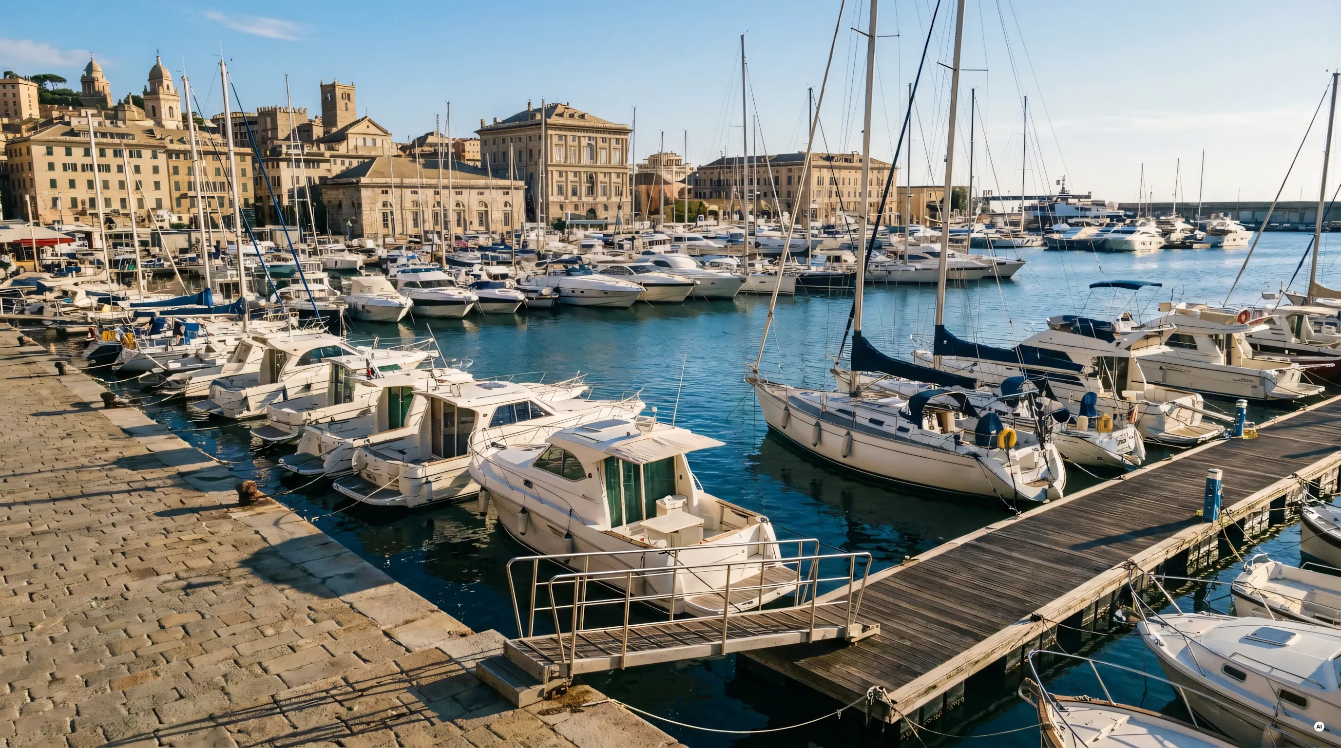 Veduta del Porto Antico di Genova con barche ormeggiate e la lanterna sullo sfondo