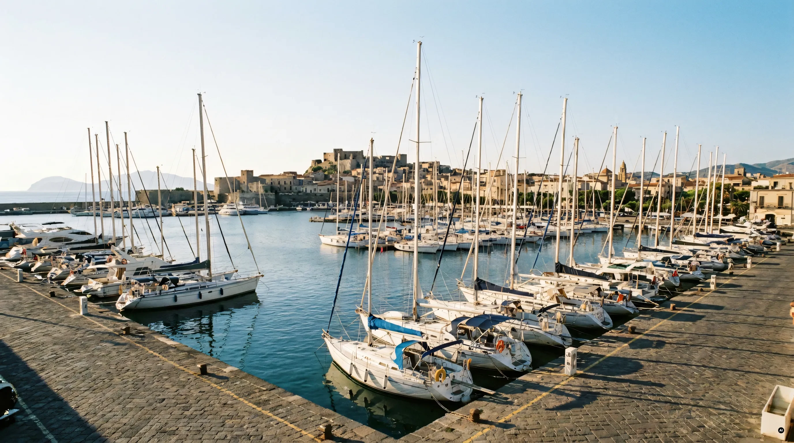 Il porto di Milazzo visto dal mare, con il castello sul promontorio e barche ormeggiate in banchina