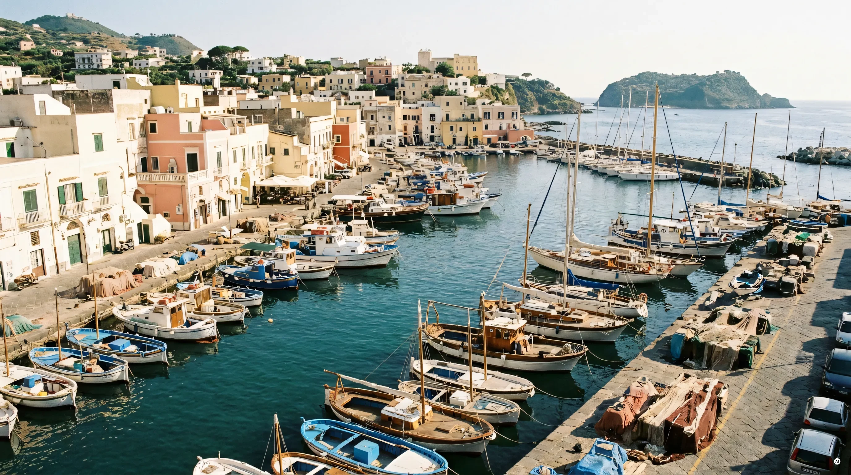 Vista della Marina di Chiaiolella a Procida con barche ormeggiate e case colorate sullo sfondo