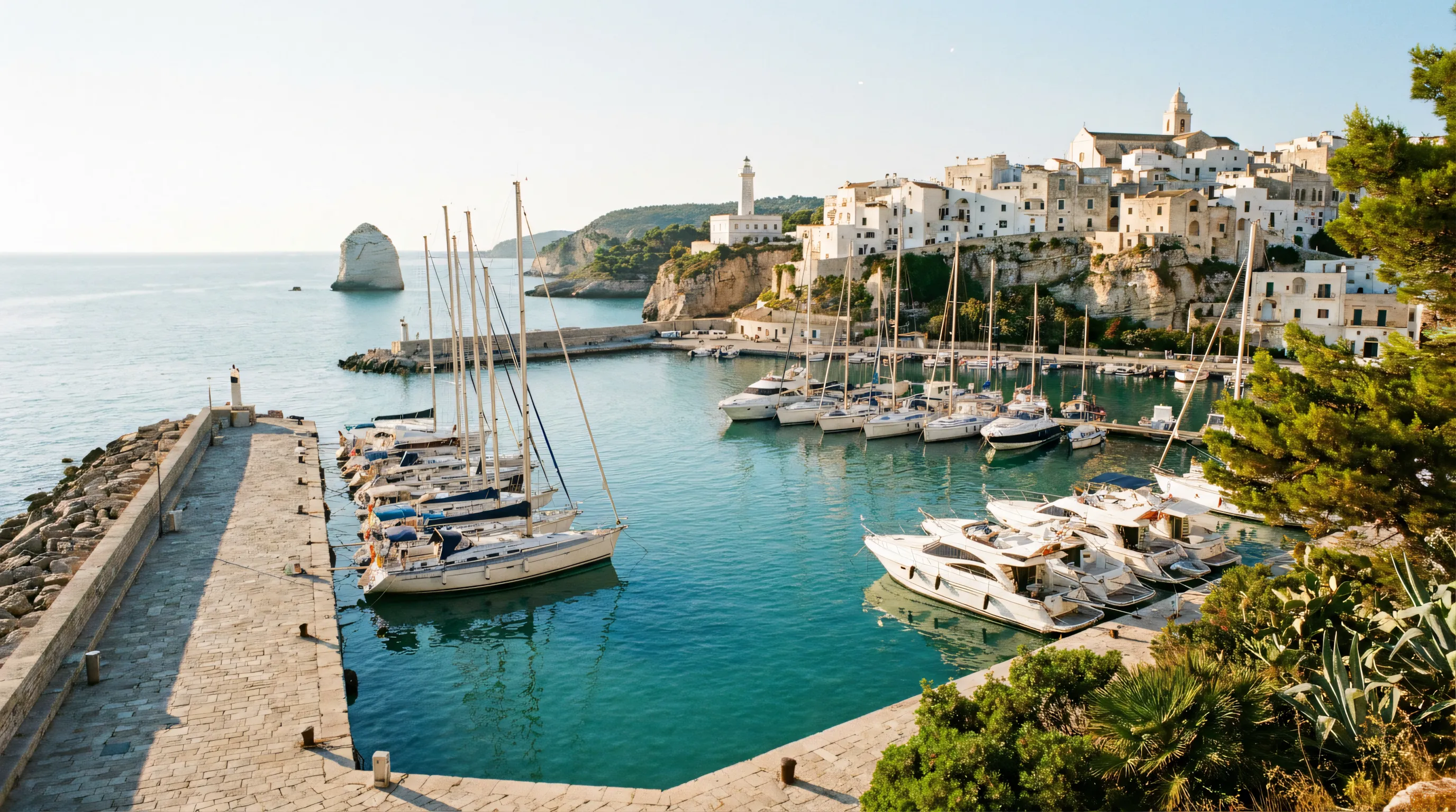 Il porto di Vieste visto dal mare, con il faro e la costa bianca del Gargano sullo sfondo