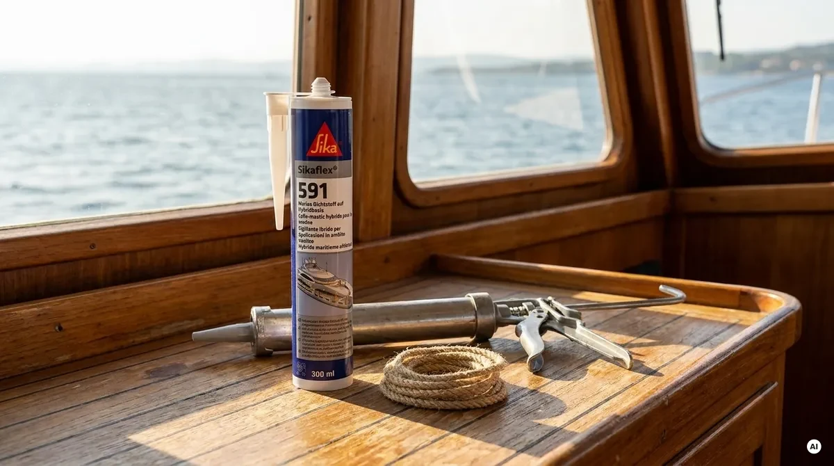 Tubetti e cartucce di sigillanti e adesivi nautici poliuretanici, MS polymer e siliconici su un banco da lavoro in barca