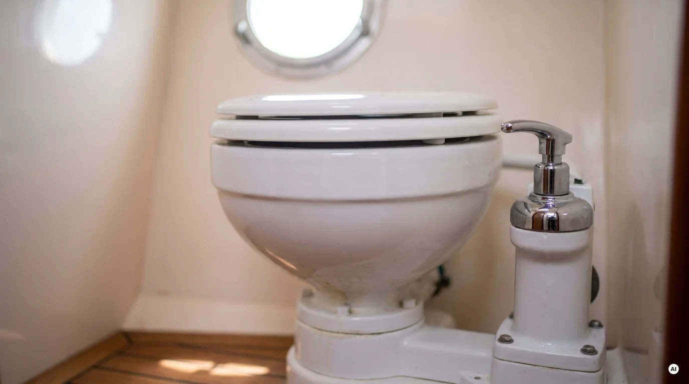 WC marino manuale a pompa in bianco installato nel bagno di una barca